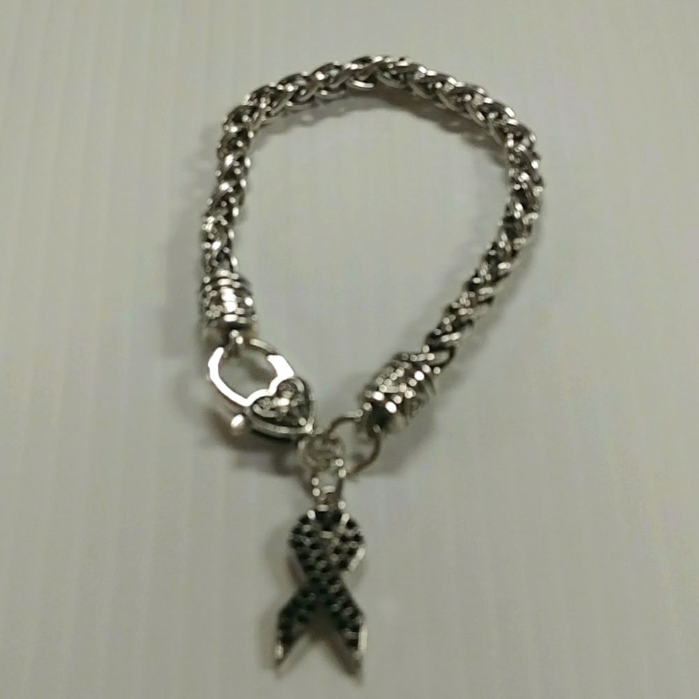 Black Rhinestone Breast Cancer Silver Bracelet